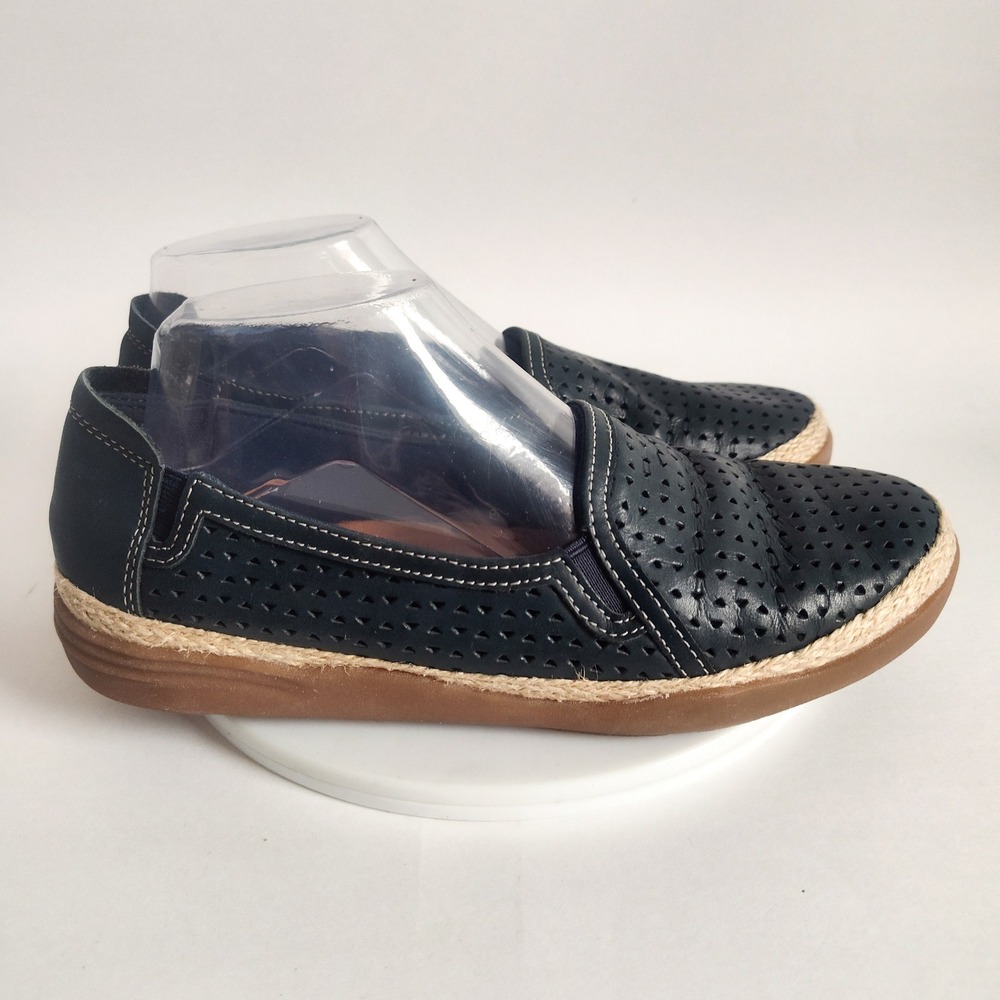 Clarks Comfort Flats Size 8 M Navy Perforated Leather Espadrille Slip On Comfort